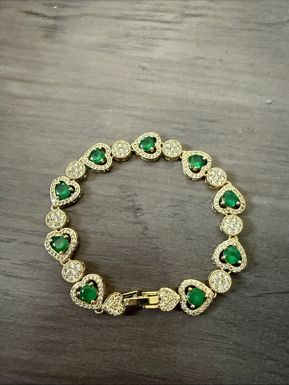 Gold Plated Heart Emerald & Diamond Tennis Bracelet